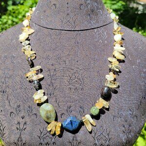 Handmade Multicolor Gemstone Bead Necklace W/ Citrine Lapis Lazuli & Green Jaspe